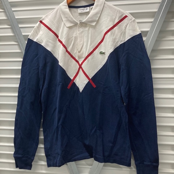 Lacoste Blue and White Long Sleeve Polo